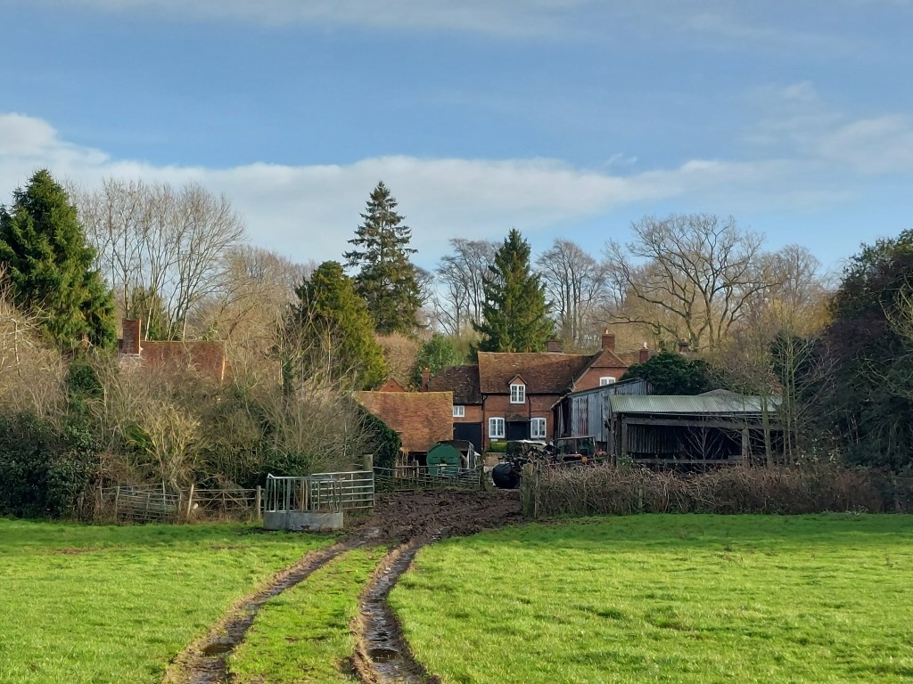 Photo shows a cluster of red brick farm buildings among trees, across a green field with muddy farm tracks through the centre.